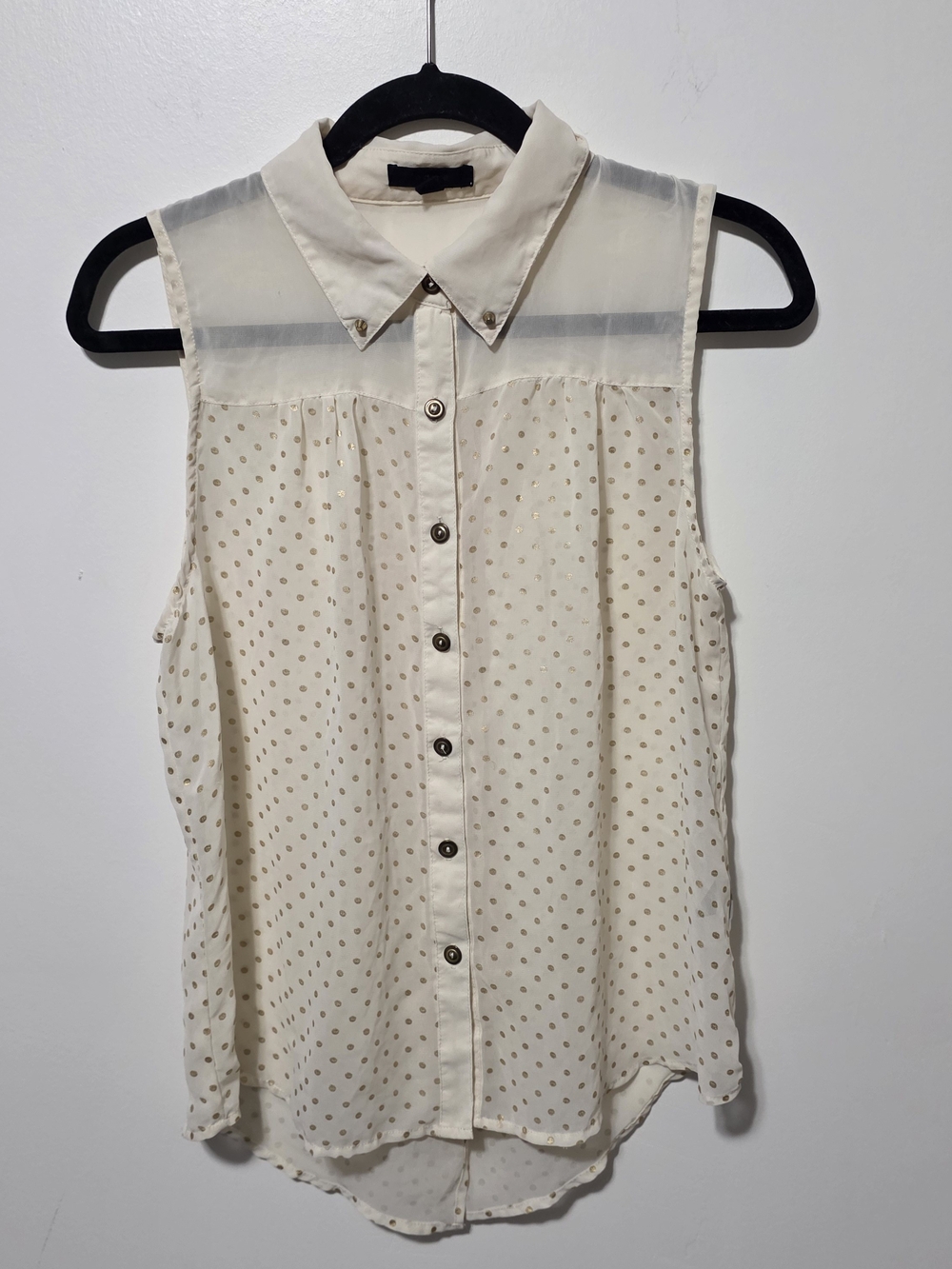 edge Cream Sleeveless Sheer Yoke Blouse with Gold Dot Detail